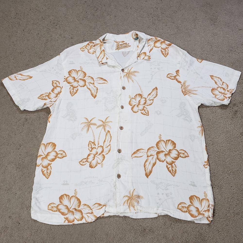 VTG Tommy Bahama Shirt Men XXL Ivory Floral Hibiscus Hawaiian Loop Collar Camp
